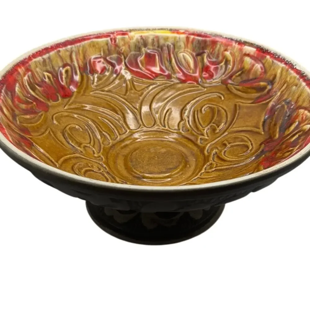 California Art Pottery Pedestal Bowl R-192 USA Drip Glaze Textured Vintage MCM